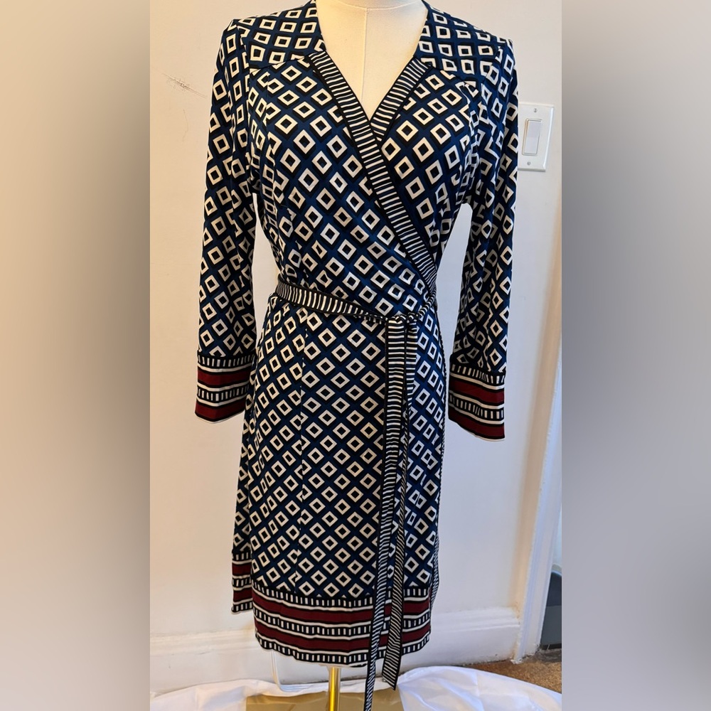 Diane Von Furstenberg Navy and White Diamond Wrap Dress.